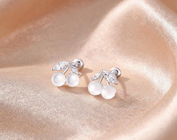 Elegant S999 Silver Cherry Stud Earrings with Natural Cat's Eye and CZ Stone Accents, Sweet Birthday Jewelry Gift for Daughter or Niece.