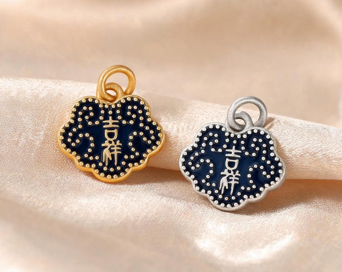 S999 Sterling Silver Ji Xiang Ruyi Lock Charm Pendant with Deep Blue Enamel for DIY Handmade Necklace Bracelet Earring Jewelry Making