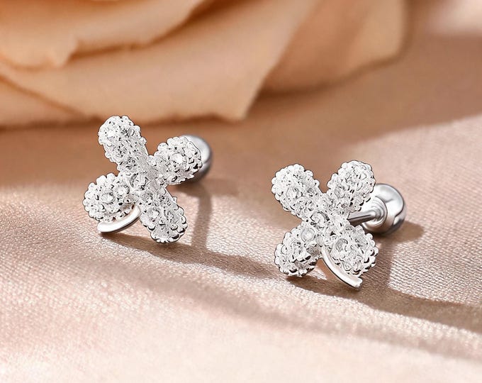 Dainty 999 Silver Full CZ Flower Stud Earrings, Pave Floral Screw Back Design, Sparkly Mini Style, Daily Wear Jewelry,Gift for Friend & Self