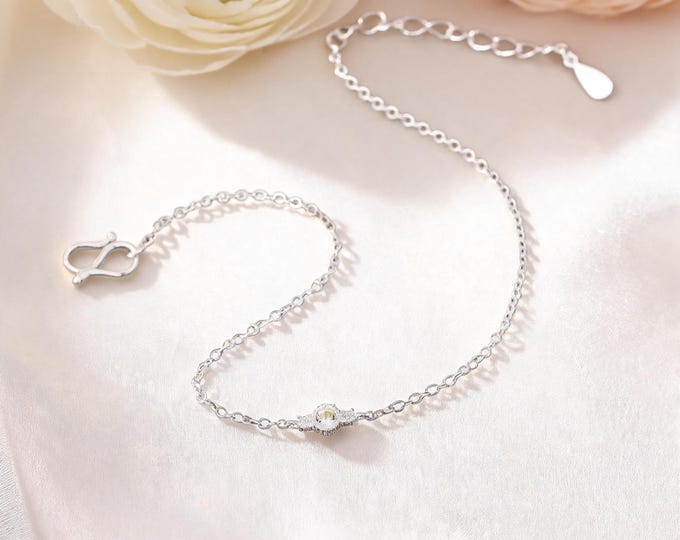 Minimalist S999 Sterling Silver Bracelet with Champagne Zirconia Halo Setting, Dainty Chain Link Jewelry for Girlfriend Wife Gift