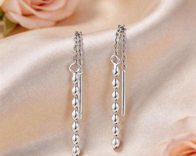 Minimalist S999 Sterling Silver Rice Bead Threader Earrings, Dainty Self Care Jewelry Gift for You or Bestie, Perfect for Daily Wear