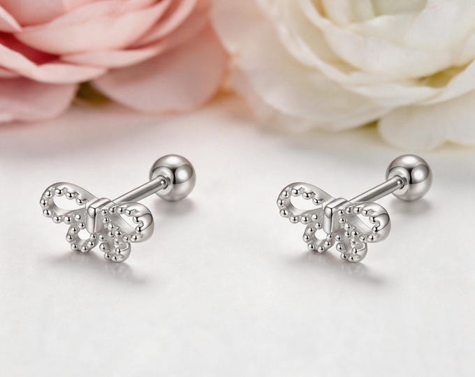 Adorable S999 Sterling Silver Openwork Butterfly Stud Earrings with Ball Bead Detail, Sweet Self Care Gift for You or Bestie Birthday.