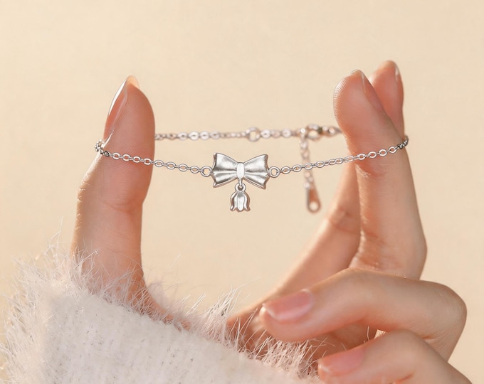 S999 Fine Silver Bowknot Bracelet - Dainty 12mm Hanging Flower Jewelry for Women, Minimalist Shimmering Pure Silver Anniversary Gift for Her