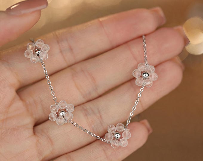 Minimalist S999 Sterling Silver Flower Bracelet with Clear Crystal Beads, Adjustable Length Jewelry Gift for Girlfriend Birthday