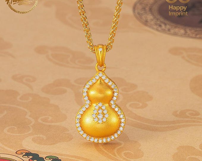 Handmade Diamond-Accented Openable 3D Gold-Plated Gourd Pendant Necklace – Good Fortune Feng Shui Gift for Her