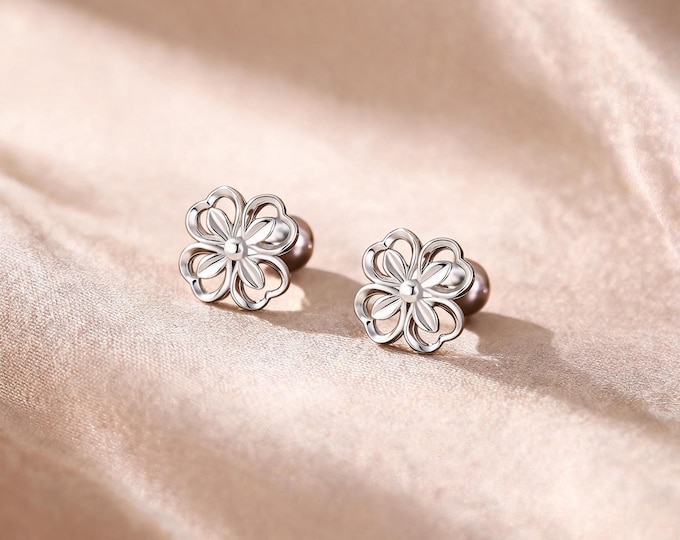 Solid S925 Sterling Silver Hollow Flower Stud Earrings, Minimalist Everyday Jewelry Gift for Mom or Her.