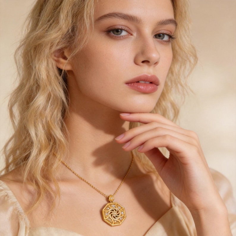Handmade 18K gold plated octagon medallion pendant necklace featuring micro pave zircon sunburst center design. Eight-sided filigree frame with scrollwork patterns and small stone accents in each section. Teardrop bail with single zircon center. Twisted rope chain, nickel-free copper alloy. 50cm length, 10g weight. Openwork reverse side. Lucky charm symbolizing positive energy.