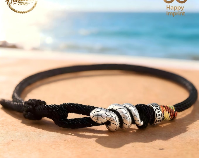 Handmade Black Adjustable Sterling Silver Snake Bracelet – Surf Bracelet, Matching Couple Bracelets