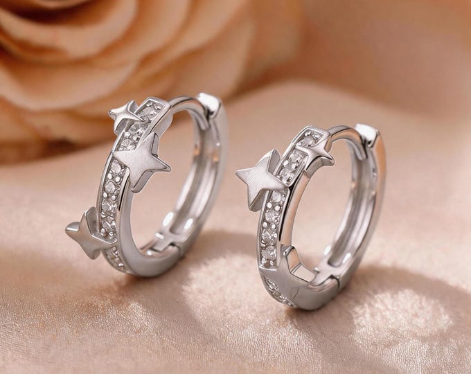 925 Silver Star Huggie Hoop Earrings, Brushed Starburst Paved CZ, Dainty Mini Hoop Studs, Daily Fine Jewelry, Gift for BFF & Self