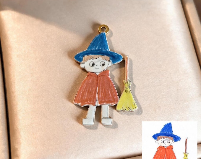 Custom Kids Drawing Boy Wizard Zipper Charms, Stainless Steel Necklace Pendant Charm Keychain Fridge Magnet, Personalized Keepsake Gift