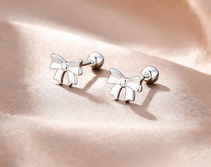 Charming Minimalist S999 Sterling Silver Bow Screw Back Stud Earrings, Sweet Jewelry Gift for Her Daily Wear.
