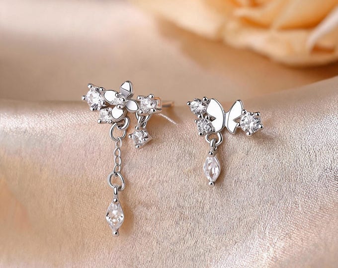Dainty Asymmetric Butterfly Flower Stud Earrings, 925 Silver CZ Drops, Mismatched Floral Design, Daily Wear Jewelry, Gift for BFF & Self