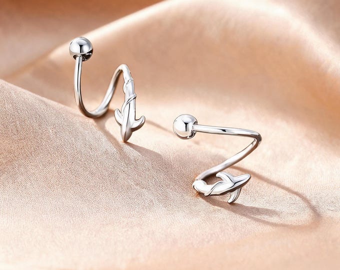 S999 Sterling Silver Spiral Dolphin Stud Earrings, Ocean Style Jewelry, Birthday Gift for Girls Who Love Marine Animals and Ocean Lovers