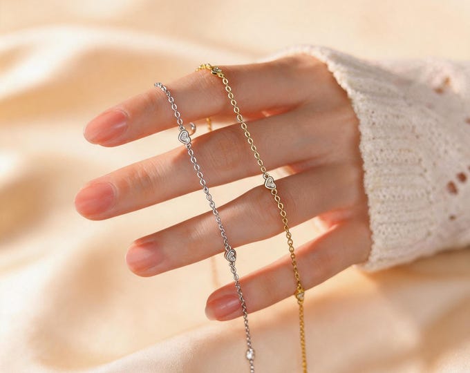 S999 Fine Silver Heart Bracelet - Dainty Micro Pave Zircon Heart Jewelry for Women, Minimalist Shimmering Pure Silver Anniversary Gift