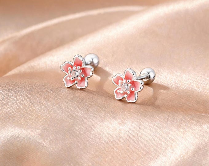 Charming Minimalist S999 Sterling Silver Pink Enamel Flower Screw Back Stud Earrings with Sparkling CZ Center Stone