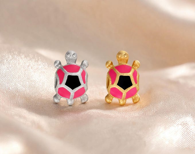 Premium S999 Sterling Silver Enamel Sea Turtle Spacer Bead with Pink and Black for DIY Necklace and Bracelet Jewelry Making Supplies