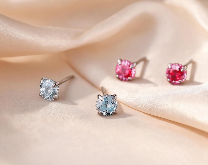 Solid S925 Sterling Silver Round CZ Stud Earrings in Sky Blue & Red, Dainty Gift for Daughter or Sister's Daily Wear.