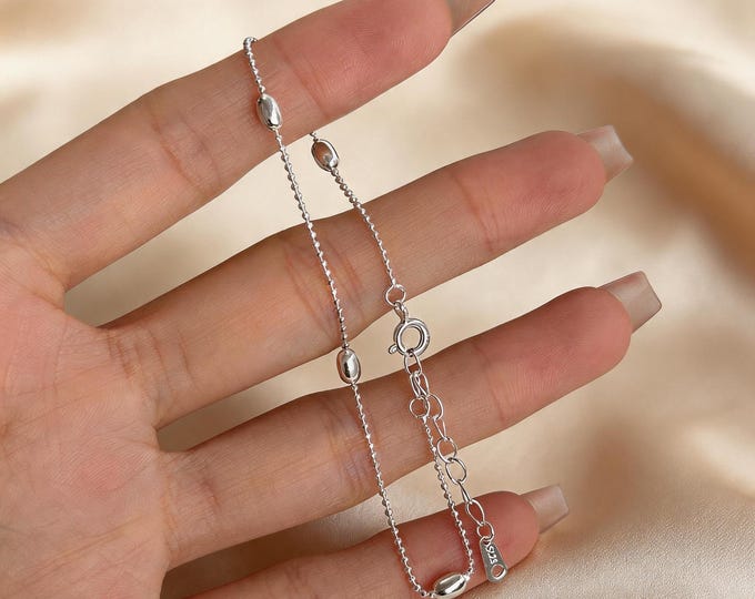 S925 Sterling Silver Rice Round Bead Bracelet Dainty Minimalist Station Chain for Women, Shimmering Silver Jewelry, Adjustable Gift for Her