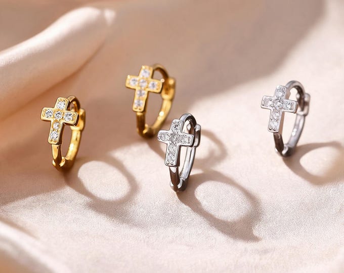 S925 Sterling Silver Cross Huggie Hoop Earrings with CZ Pave, Spiritual Religious Jewelry Gift for Her.