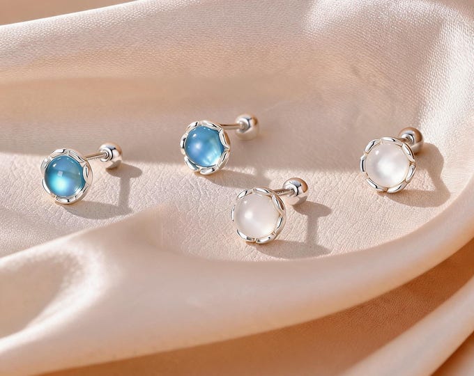 Elegant S999 Sterling Silver Round Cat's Eye & Moonstone Screw Back Stud Earrings Hypoallergenic Anniversary Birthday Jewelry Gift for Wife.