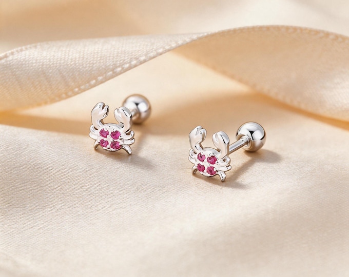 S999 Sterling Silver CZ Crab Screw Back Stud Earrings, Cute Cancer Zodiac Birthday Gift for Her or Ocean Lover.