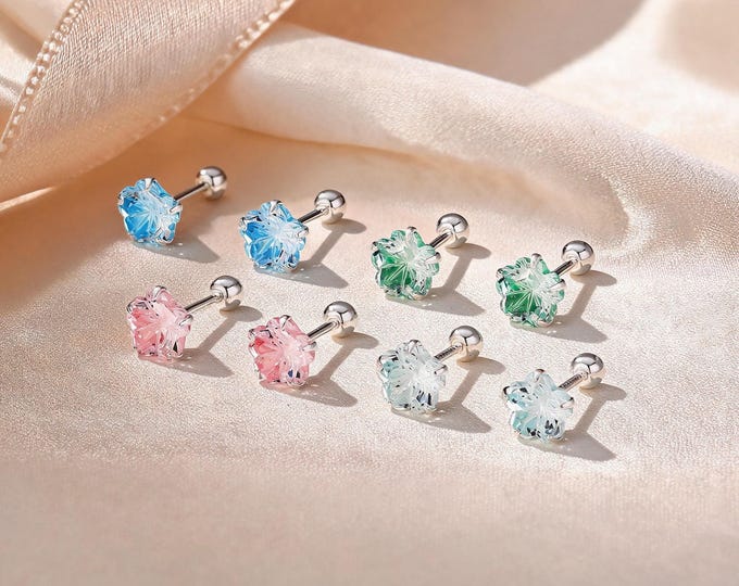 Solid S999 Sterling Silver Flower Cut Colorful Zirconia Screw Back Stud Earrings, Adorable Spring Jewelry Gift for Her or Best Friend.