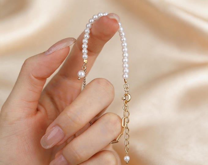S925 Sterling Silver Asymmetrical Pearl Bracelet, Dainty 18K Gold Plated Chain and Pearl Bead Bracelet, Minimalist Jewelry, Anniversary Gift