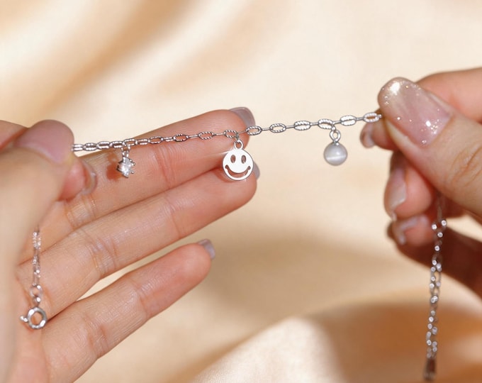 S925 Sterling Silver Smiley Face Bracelet, Cat Eye Gemstone Charm Bracelet for Women, Dainty Happy Face Jewelry, Anniversary Gift for Her