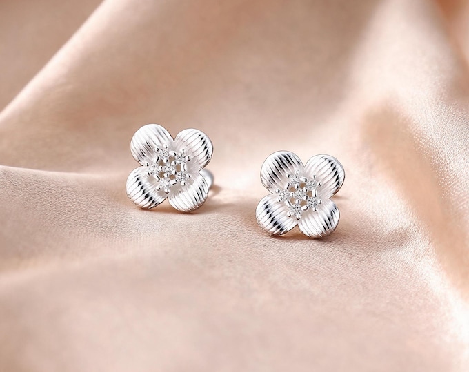Minimalist S999 Sterling Silver Four Petal Flower Stud Earrings with Brushed Texture and Sparkling CZ, Sweet Jewelry Gift for Her Daily