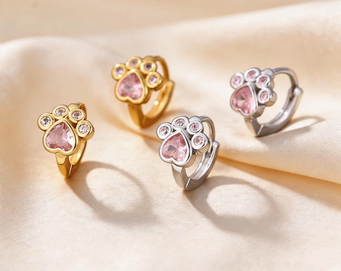 S925 Sterling Silver CZ Paw Print Huggie Hoop Earrings, Cute Pink Animal Paw Jewelry, Sweet Gift for Cat Mom, Dog Mom, or Pet Lover.