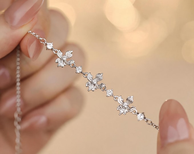 Elegant Dainty S925 Silver Iris Flower Bracelet with Cubic Zirconia Accents, Minimalist Adjustable Jewelry Gift for Her Anniversary
