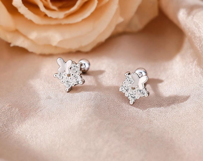 Adorable Minimalist S999 Silver Star Stud Earrings with Sparkling Pave CZ and Butterfly Detail, Sweet Gift for Her and Women