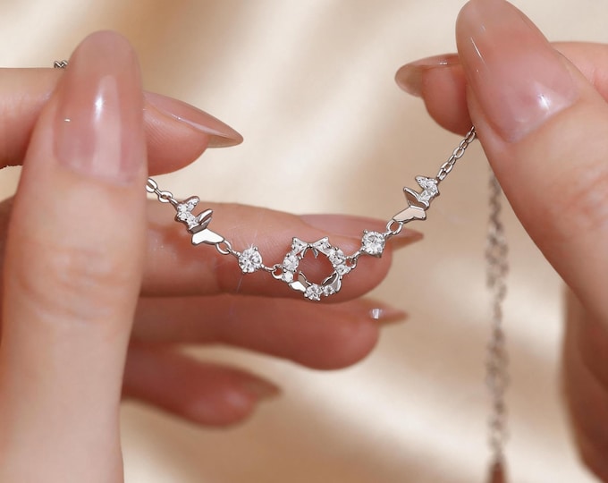 S999 Fine Silver Butterfly Wreath Bracelet Dainty Minimalist Micro Pave Garden Chain for Women, Shimmering Jewelry, Adjustable Gift for Her