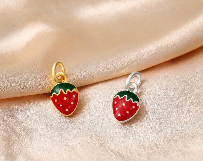 S999 Sterling Silver Enamel Strawberry Charm Pendant with Double Loop for DIY Necklace Bracelet Earring Jewelry Making and Supplies
