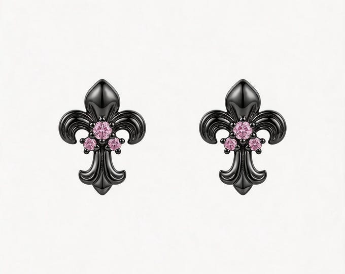 Minimalist Fleur de Lis Stud Earrings, Solid 925 Sterling Silver Pink CZ, Edgy Daily Jewelry, Gift for BFF & Self