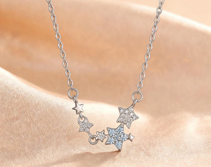 S925 Fine Silver Multi Star Necklace, Pave Zirconia Clavicle Chain, Dainty Adjustable Silver Jewelry Gift for Her Women