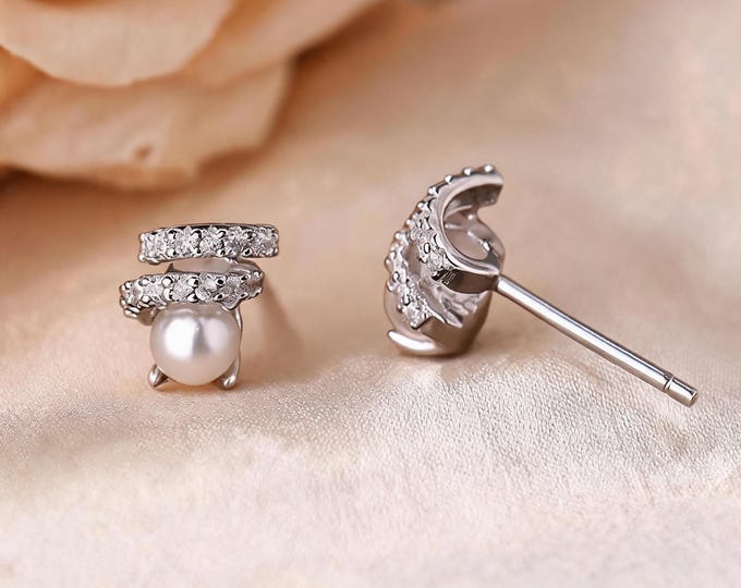 Dainty 925 Sterling Silver Spiral Stud Earrings, Paved CZ Faux Pearl Minimalist Earrings, Elegant Daily Jewelry, Gift for BFF & Self