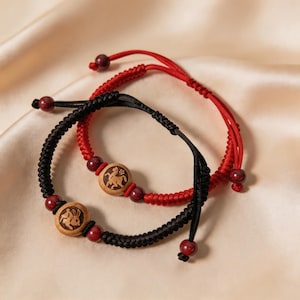 Handwoven Zodiac Bracelet | Adjustable Braided Cord | Carved Wooden Animal Bead | Custom Protection Amulet Gift
