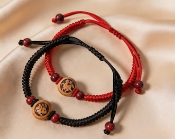Handwoven Zodiac Bracelet | Adjustable Braided Cord | Carved Wooden Animal Bead | Custom Protection Amulet Gift