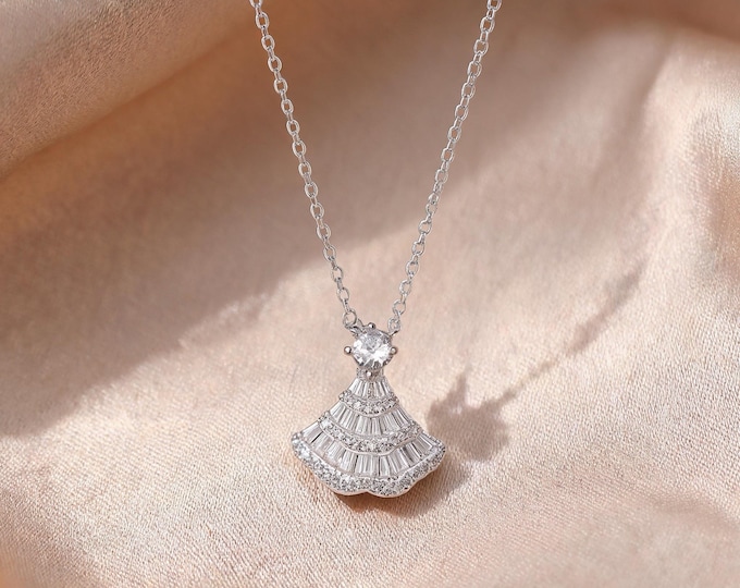 S999 Fine Silver Princess Dress Pendant Necklace, Micro-set Zirconia Fan Skirt Design, Adjustable 45cm Chain, Elegant Silver Gift for Her