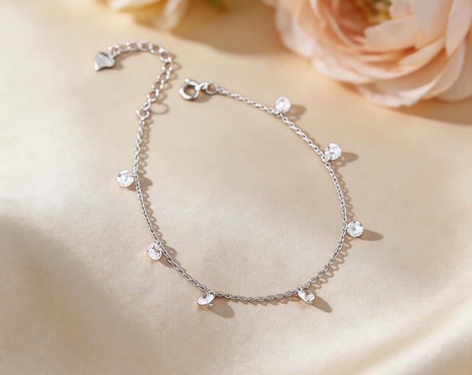 S925 Sterling Silver Micro-Pave White Zircon Bracelet,19cm Adjustable O Chain,7 Four-mm Sparkling Stones,Minimalist Dainty Gift for Her