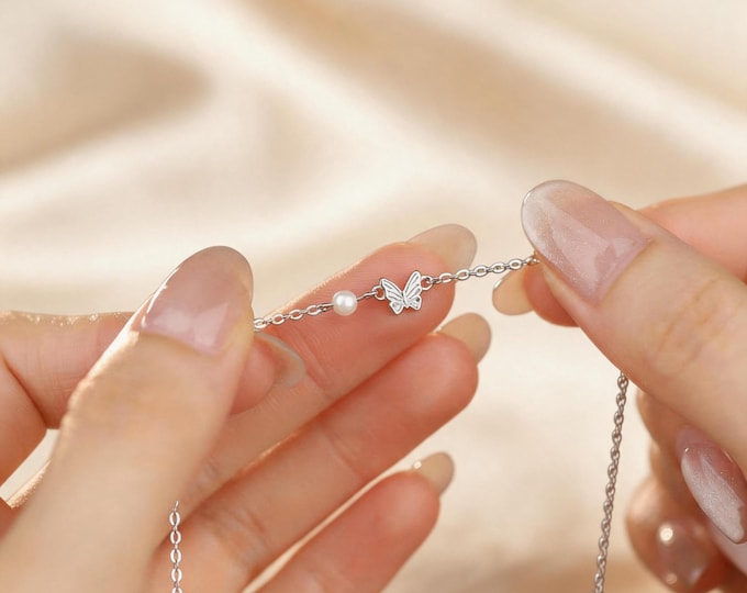 S999 Fine Silver Butterfly Bracelet with Pearl, Dainty Minimalist Charm Bracelet for Women, Shimmering Silver Jewelry, Romantic Gift