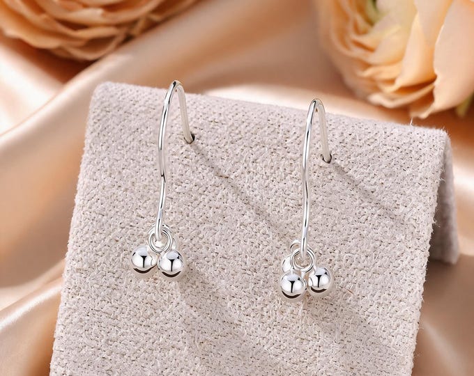 Elegant S999 Sterling Silver Triple Round Bead Hook Earrings, Minimalist Dangle Jewelry, Classic Gift for Her Daily Style.