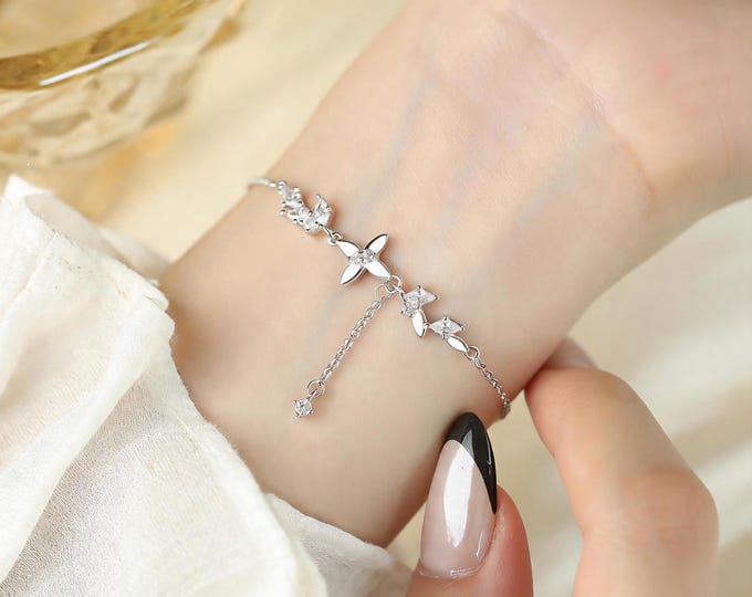 Dainty S999 Silver Olive Branch Flower Charm Bracelet with Zirconia Tassel, Elegant Anniversary Gift for Her Wife