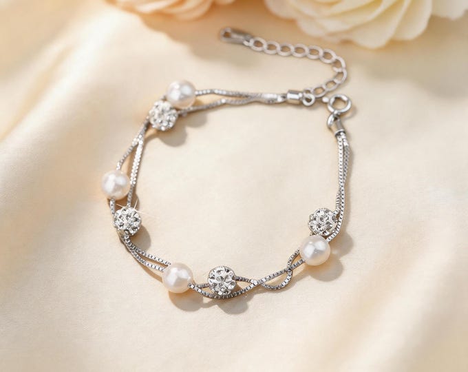S925 Sterling Silver Double Layer Pearl Bracelet, Dainty Micro Pave CZ Charm Bracelet, Minimalist Everyday Silver Jewelry, Anniversary Gift