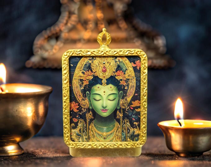 Green Tara Thangka Necklace Pendant, Hand Painted Talisman Feng Shui Jewelry Gift