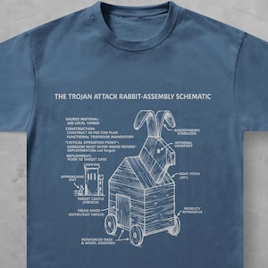 May include: A royal blue t-shirt featuring a white line-art graphic titled THE TROJAN ATTACK RABBIT-ASSEMBLY SCHEMATIC. The design includes a technical drawing of a wooden rabbit on wheels with various labels pointing to its structural components.