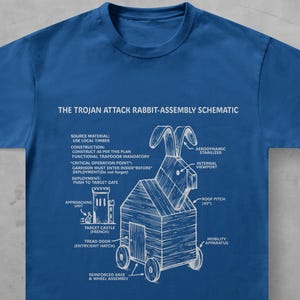 May include: A royal blue short-sleeve t-shirt featuring a white graphic print of a schematic titled THE TROJAN ATTACK RABBIT-ASSEMBLY SCHEMATIC. The design includes a line drawing of a wooden rabbit on wheels with various technical labels.