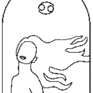 Può includere: Illustrazione in bianco e nero di una persona con capelli fluenti, un simbolo zodiacale del Cancro e una parte superiore ad arco. La dimensione del design è 149 x 200 punti.