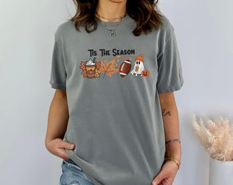 Tis The Season Fall T-Shirt – Autumn Pumpkin Spice Ghost Football Tee, Halloween Comfort Colors Shirt